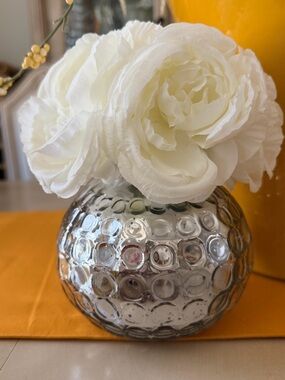 White Artificial Peony Arrangement in Reflective Silver Textured Vase